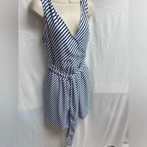 Loft women’s size 6 sleeveless blue and white V-neck polyester blend dress